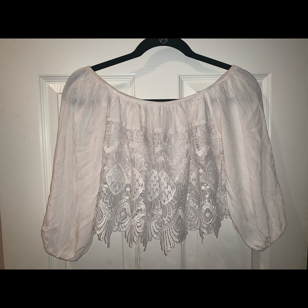 White lace off the shoulder crop top